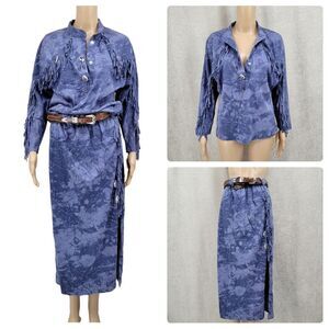 Ozark Mountain Jean Western Maxi Skirt Top Set Blue Fringe Concho Matching Set
